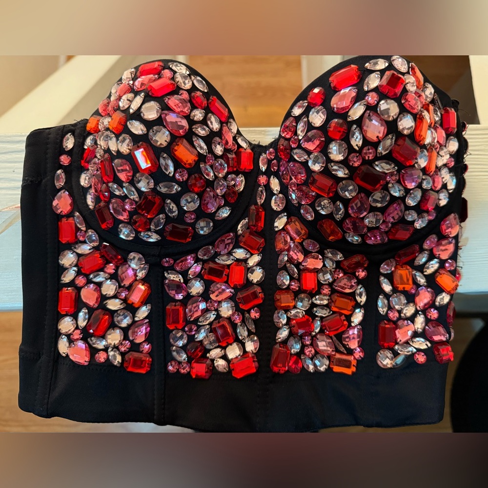 Embellished Black Bustier with Red and Pink Gems
